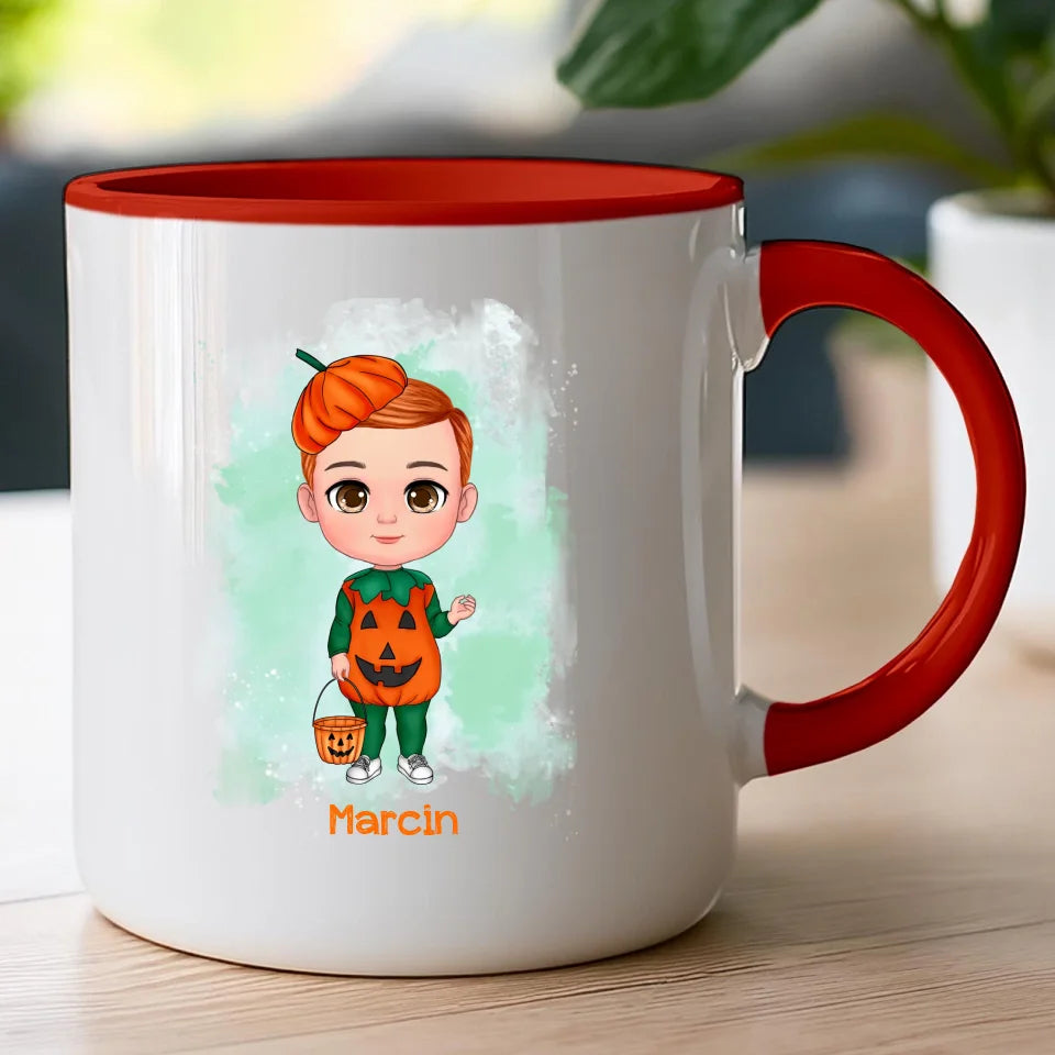 Personalizowany kubek na Halloween "Dziecko w kostiumie, Dynia"