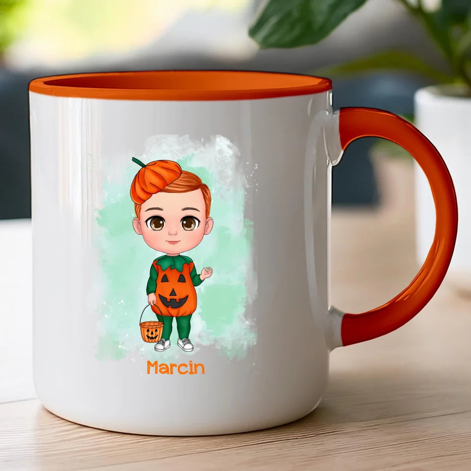 Personalizowany kubek na Halloween "Dziecko w kostiumie, Dynia"