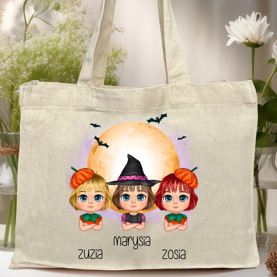 Torba z nadrukiem na Halloween "Dzieci w kostiumach, Czarownica, Dynia, Wampir"