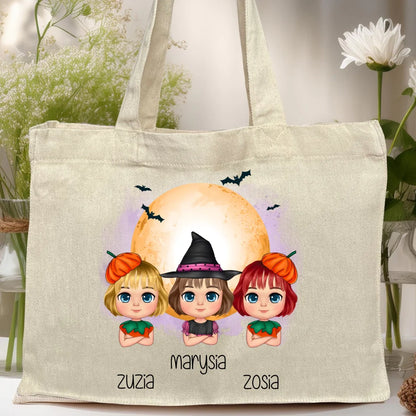 Torba z nadrukiem na Halloween "Dzieci w kostiumach, Czarownica, Dynia, Wampir"