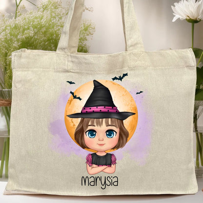 Personalizowana torba z nadrukiem na Halloween "Dziecko w kostiumie, Czarownica, Dynia, Wampir"