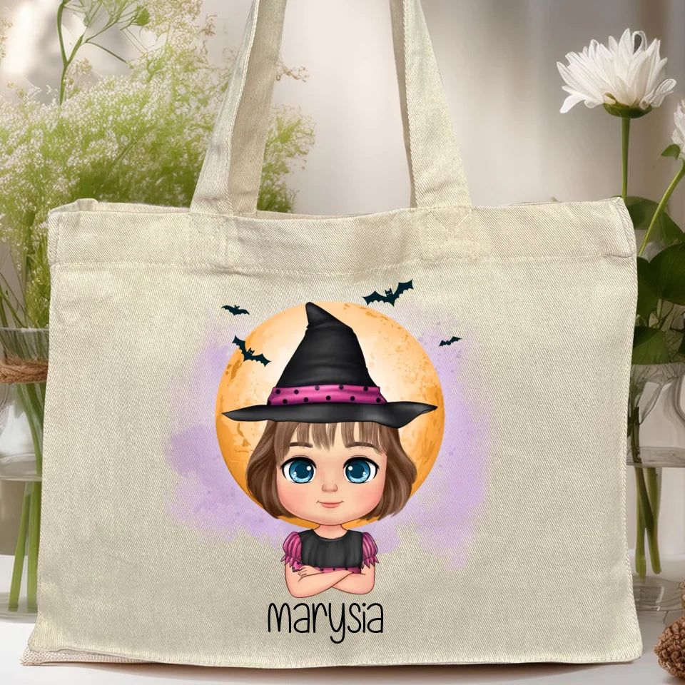 Personalizowana torba z nadrukiem na Halloween "Dziecko w kostiumie, Czarownica, Dynia, Wampir"