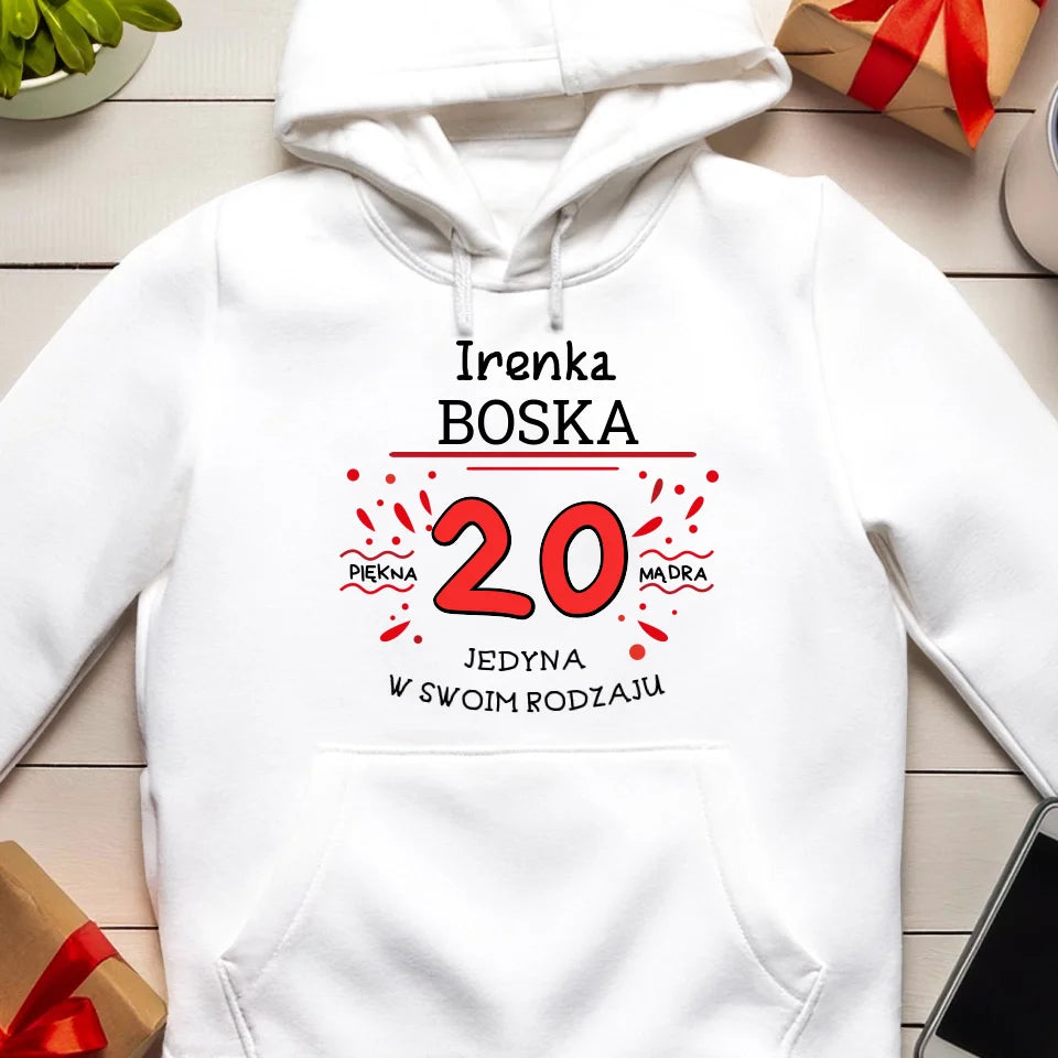 Bluza kangur na Urodziny "Boska 20-tka", personalizowana