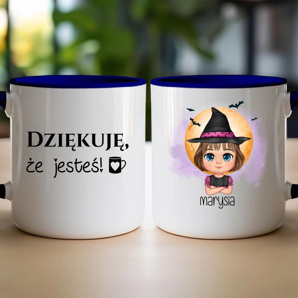 Personalizowany kubek z nadrukiem na Halloween "Dziecko w kostiumie, Czarownica, Dynia, Wampir"