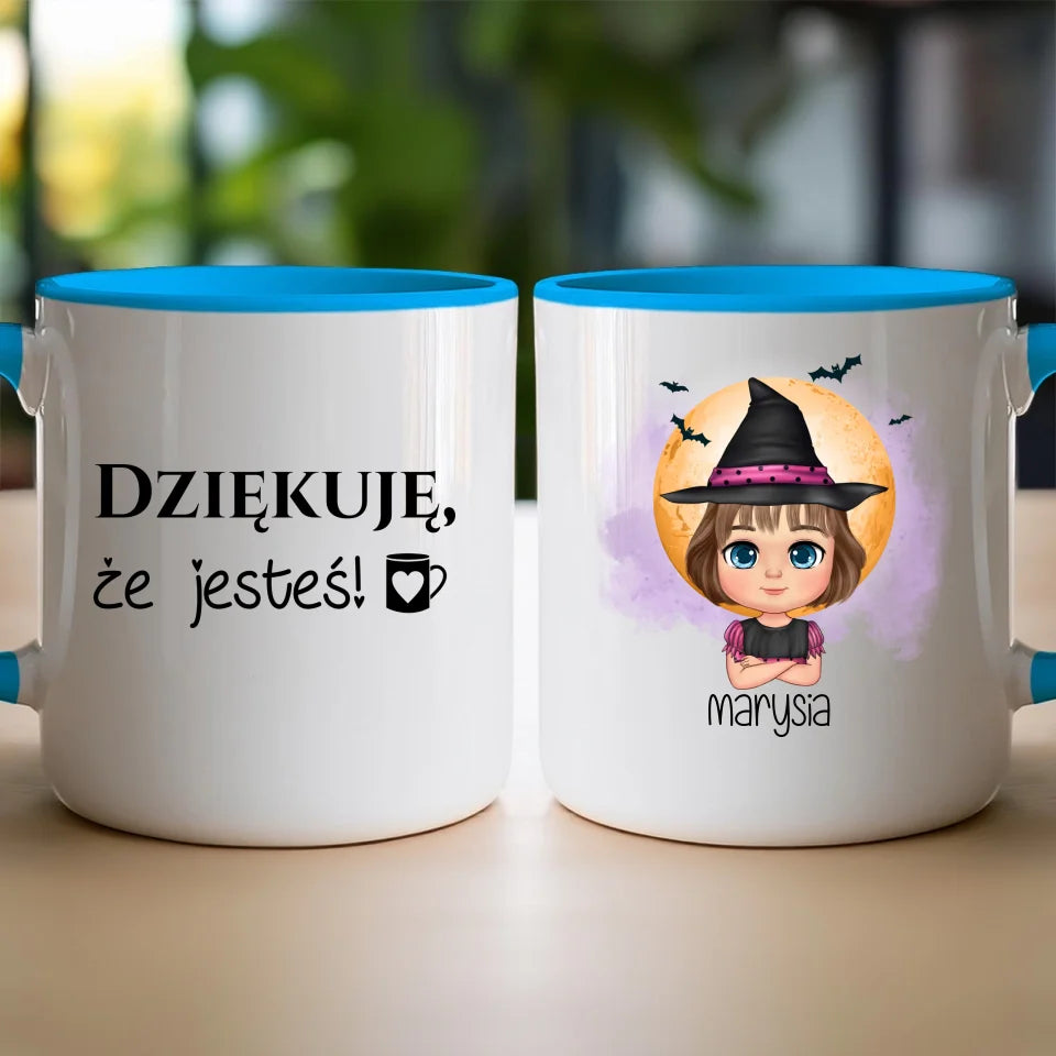 Personalizowany kubek z nadrukiem na Halloween "Dziecko w kostiumie, Czarownica, Dynia, Wampir"