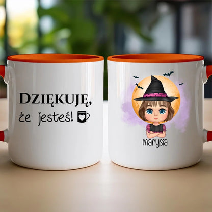 Personalizowany kubek z nadrukiem na Halloween "Dziecko w kostiumie, Czarownica, Dynia, Wampir"