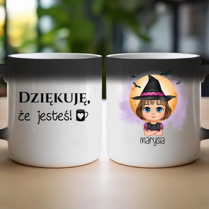 Personalizowany kubek z nadrukiem na Halloween "Dziecko w kostiumie, Czarownica, Dynia, Wampir"