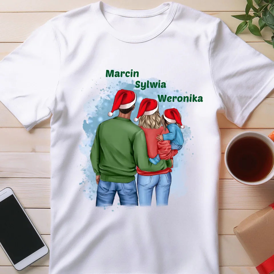 Koszulka na Mikołajki "Mama, Tata + Dziecko, Święta", personalizowana