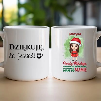 Kubek na Mikołajki "Starałam się być grzeczna", personalizowany