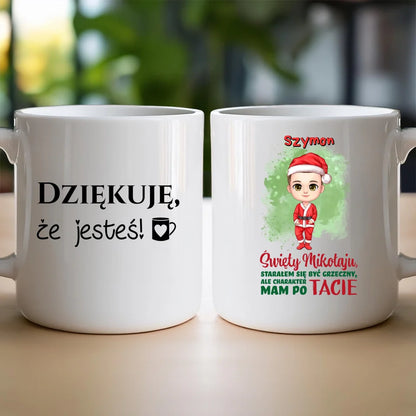 Kubek na Mikołajki "Starałem się być grzeczny", personalizowany