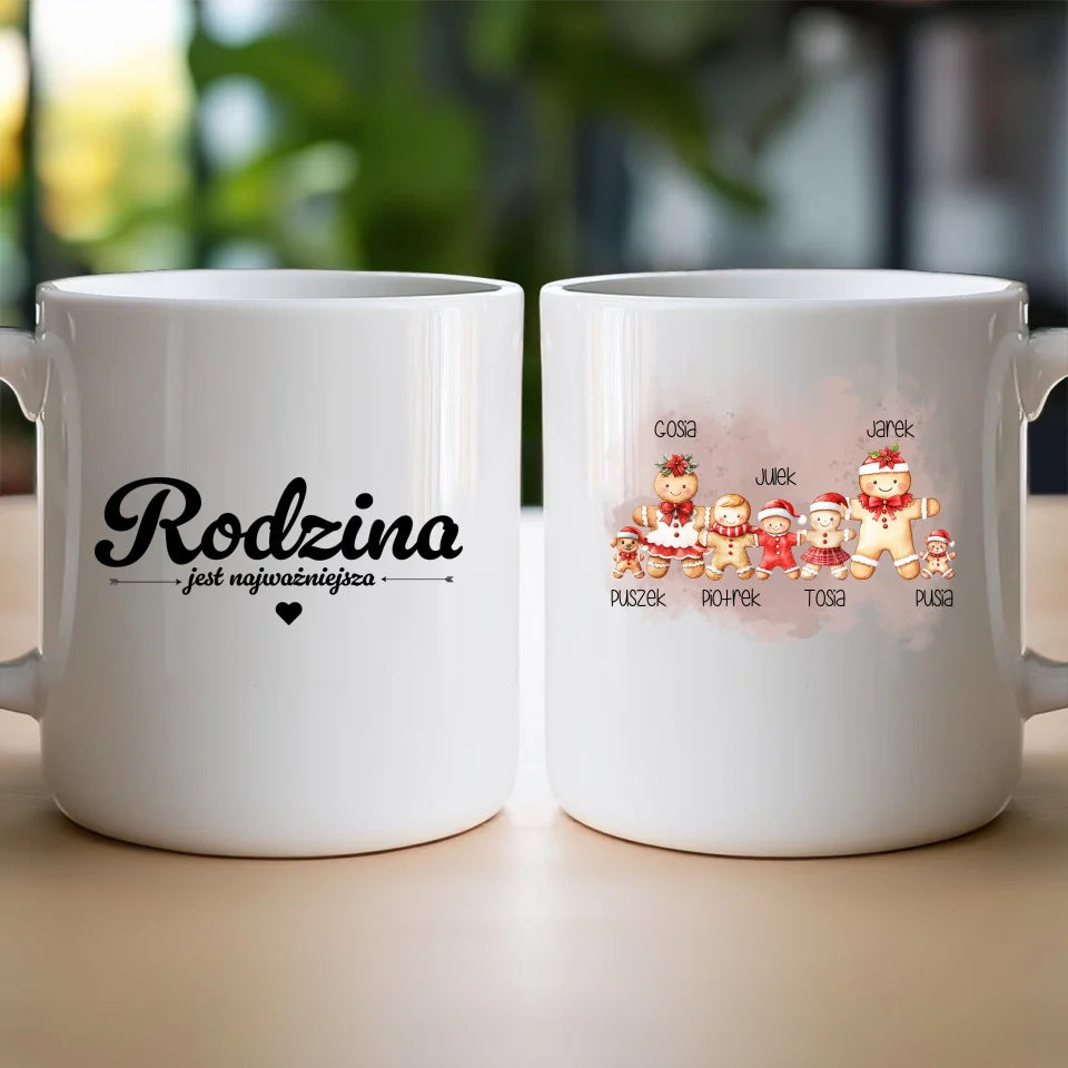 Kubek na Święta "Piernikowa rodzina, Rodzice + 1-3 dzieci, Kot, Pies", personalizowany