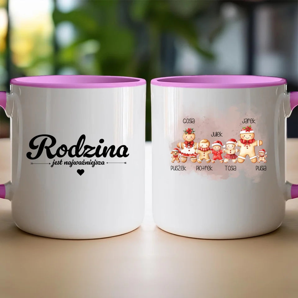 Kubek na Święta "Piernikowa rodzina, Rodzice + 1-3 dzieci, Kot, Pies", personalizowany