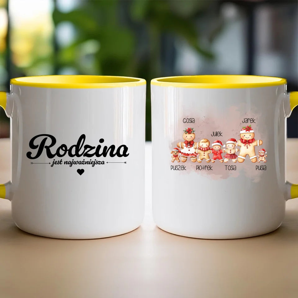 Kubek na Święta "Piernikowa rodzina, Rodzice + 1-3 dzieci, Kot, Pies", personalizowany