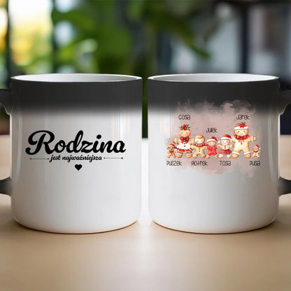 Kubek na Święta "Piernikowa rodzina, Rodzice + 1-3 dzieci, Kot, Pies", personalizowany