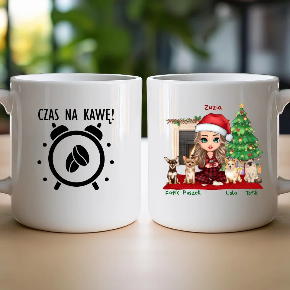 Kubek na Święta "Dziewczyna ze zwierzętami, 1-4 psów, kotów", personalizowany