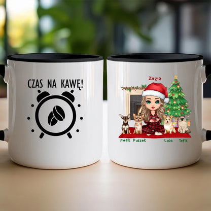 Kubek na Święta "Dziewczyna ze zwierzętami, 1-4 psów, kotów", personalizowany