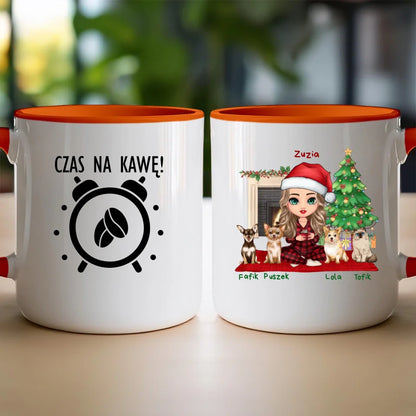 Kubek na Święta "Dziewczyna ze zwierzętami, 1-4 psów, kotów", personalizowany