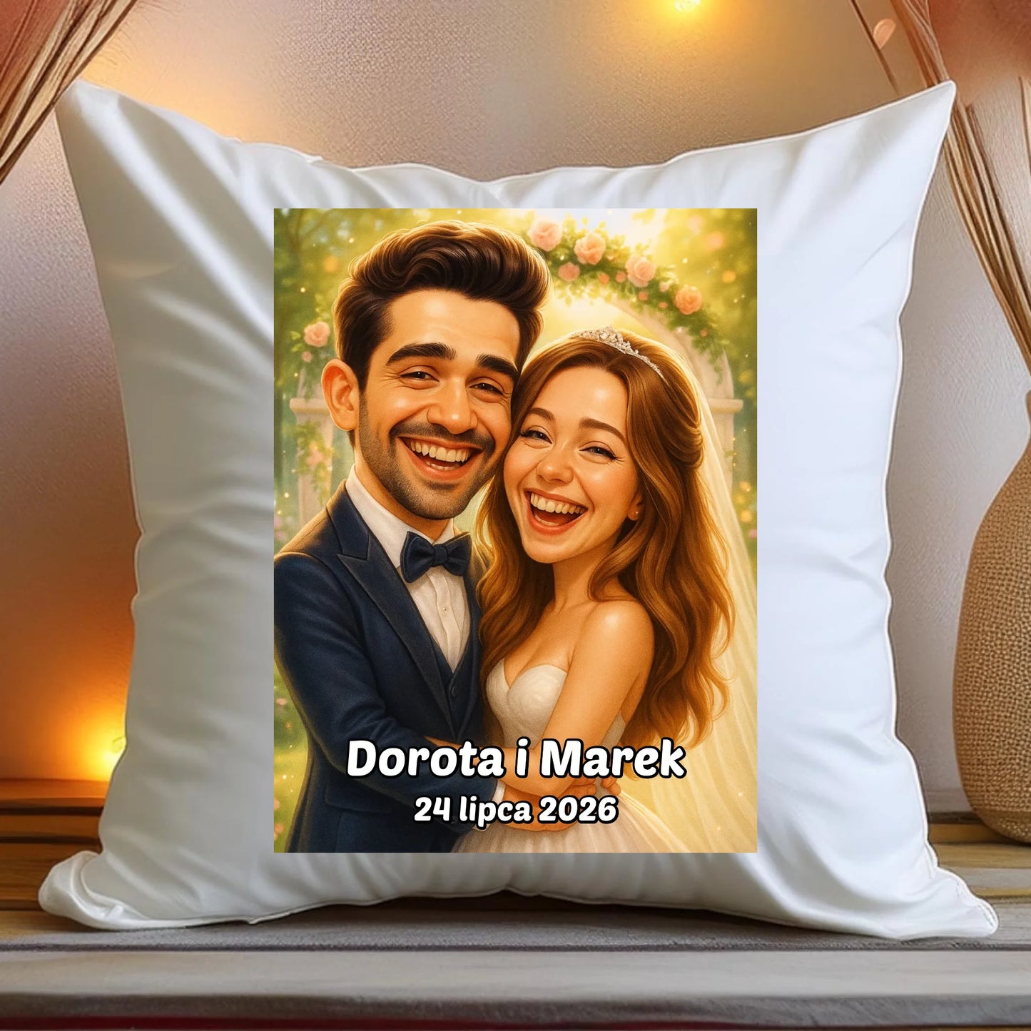 Personalizowana poduszka - ślubna karykatura [generowana przez AI]