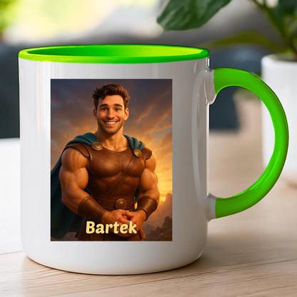 Kubek z własnym zdjęciem - bajkowy półbóg [generowane przez AI]