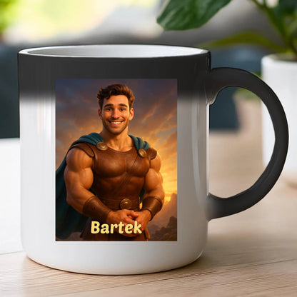 Kubek z własnym zdjęciem - bajkowy półbóg [generowane przez AI]