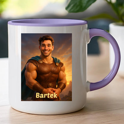 Kubek z własnym zdjęciem - bajkowy półbóg [generowane przez AI]