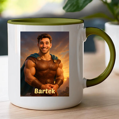 Kubek z własnym zdjęciem - bajkowy półbóg [generowane przez AI]