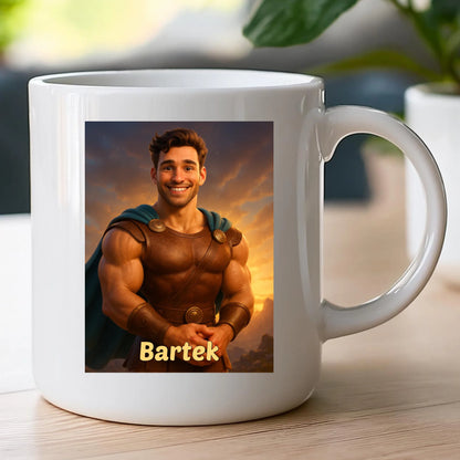 Kubek z własnym zdjęciem - bajkowy półbóg [generowane przez AI]