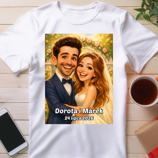 Personalizowana koszulka - ślubna karykatura [generowana przez AI]
