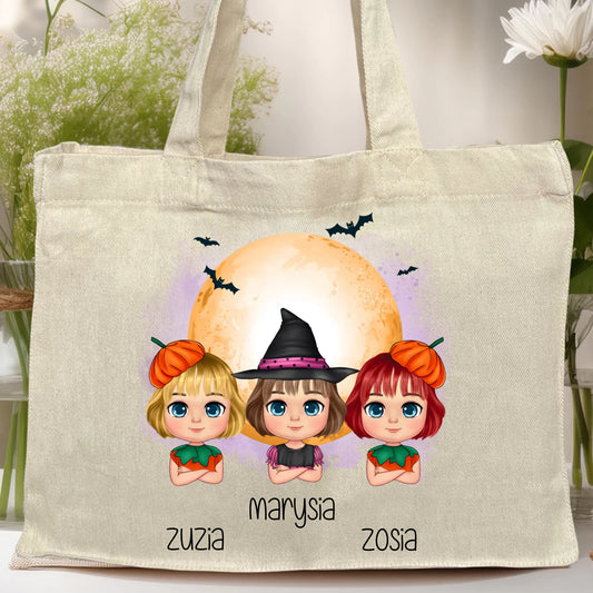 Torba z nadrukiem na Halloween "Dzieci w kostiumach, Czarownica, Dynia, Wampir"