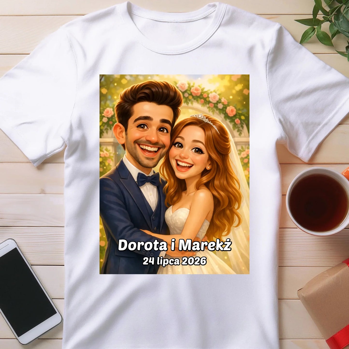 Personalizowana koszulka - ślubna karykatura [generowana przez AI]