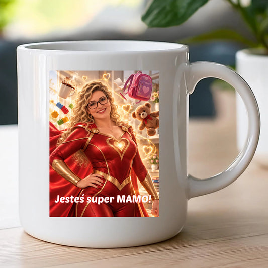 Kubek z nadrukiem - Super Mama - Generowane ze zdjęcia przez AI